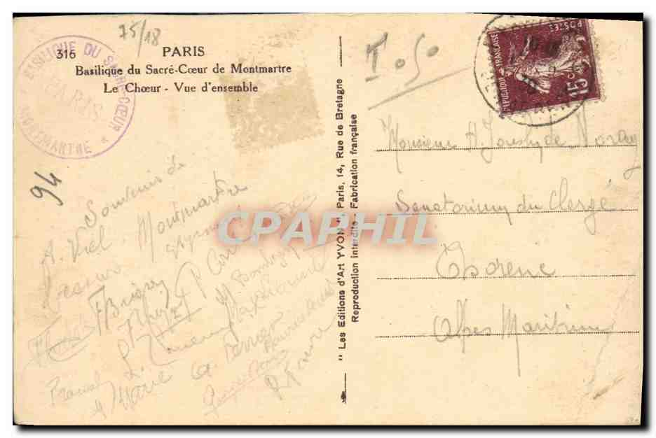 CPA Paris La Basilique De Montmartre Le choeur — Rückseite
