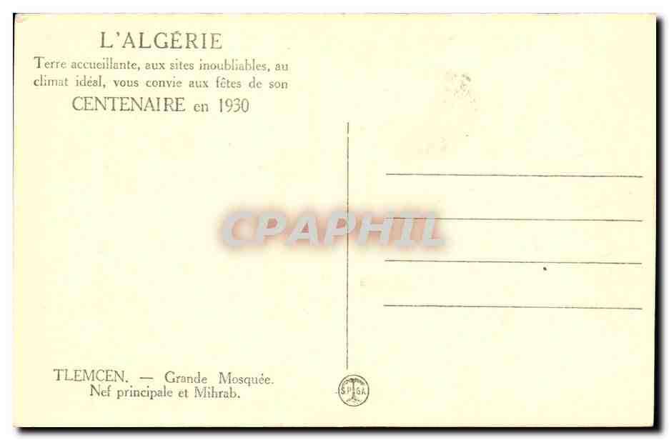 Tlemcen — Grande Mosquée — Nef principale et Mihrab — éditeur SPGA — Rückseite