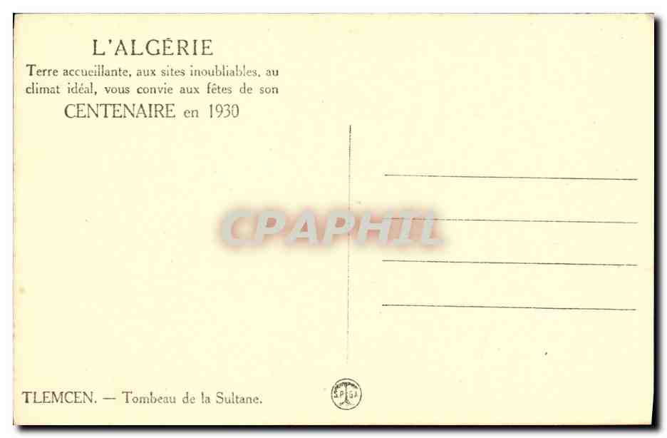 Tlemcen — Tombeau de la Sultane — Éditeur CPAPHIL, n° série SP 52 — Rückseite