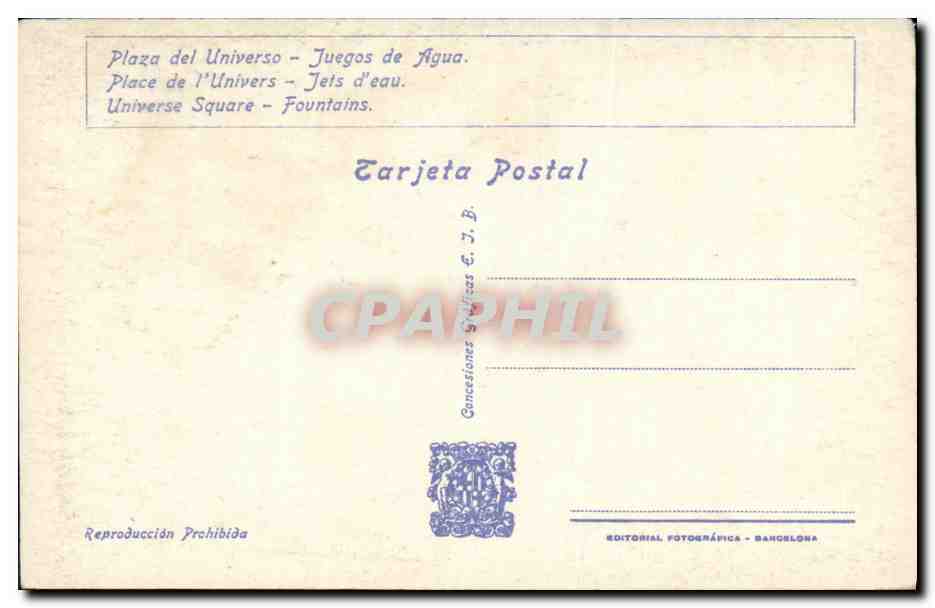 CPA Exposición Internacional de Barcelona 1929 Universe Square Fountains — Rückseite