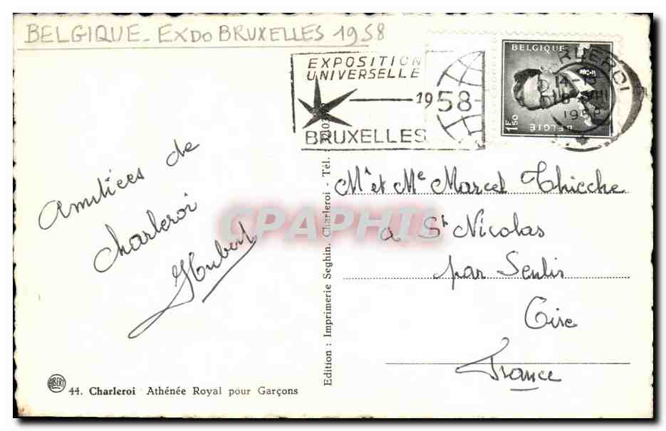 CPA Charleroi Athenee royal pour garcons Cachet Exposition Universelle Bruxelles 1958 — Back