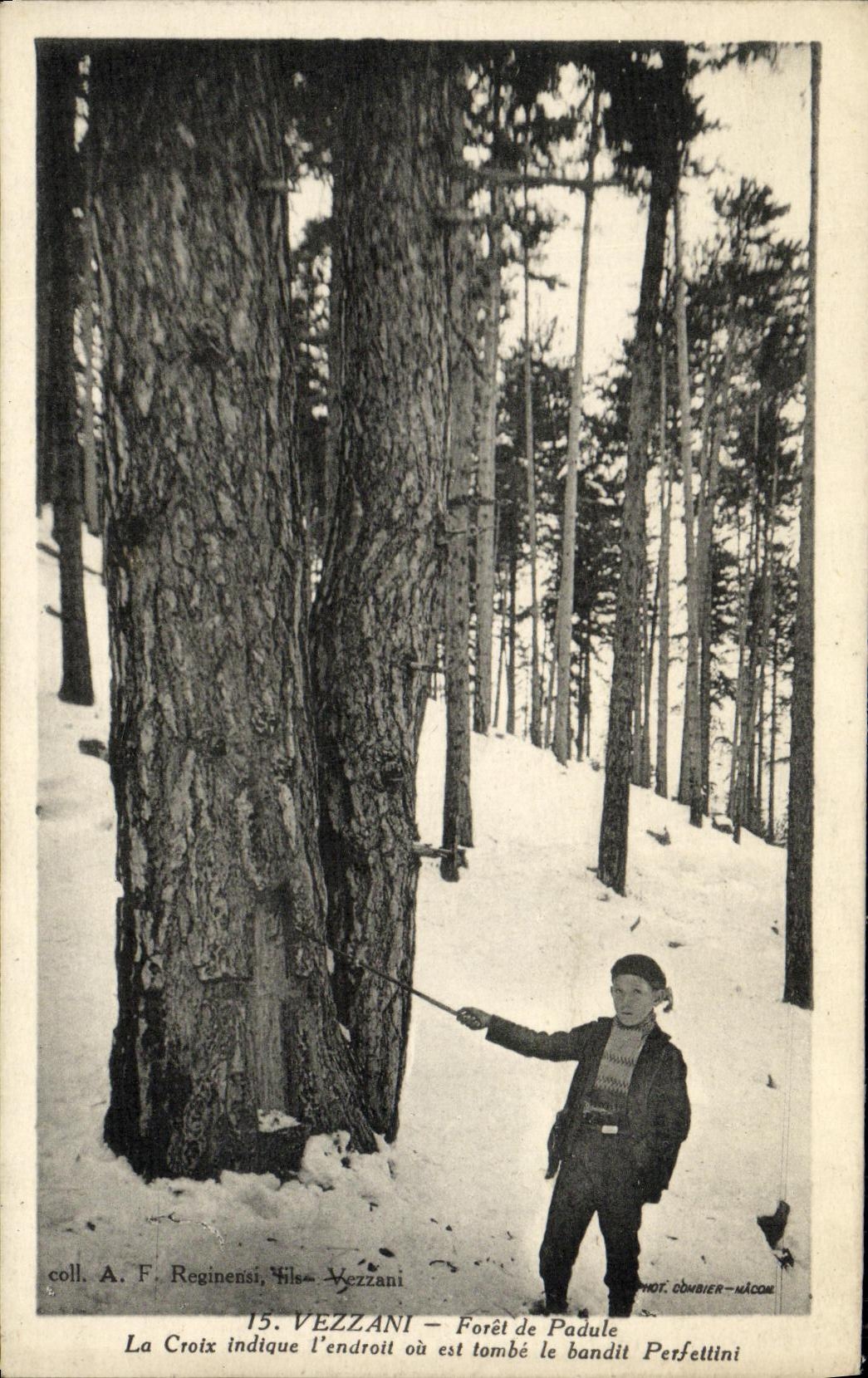 Vezzani — Forêt de Padule — Croix indiquant l'endroit où est tombé le bandit Perfettini — coll. A. F. Reginensi, Vils-Vezzani, phot. Coubier-Nacomi