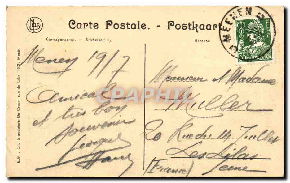 CPA Menin Meeen Hotel Ville et Beffrol — Back