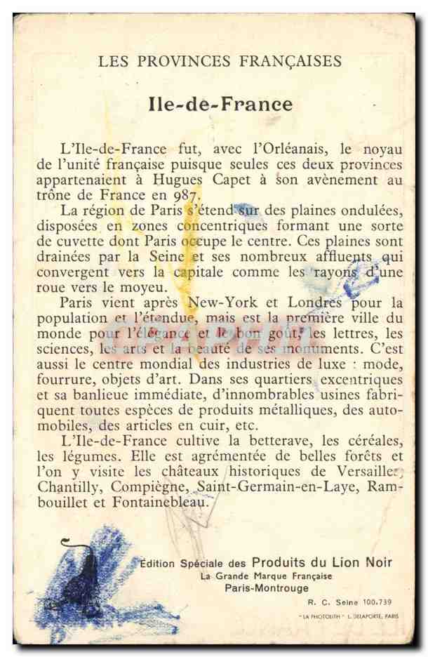 Île-de-France — carte postale illustrée — Édition Spéciale des Produits du Lion Noir — Reverso