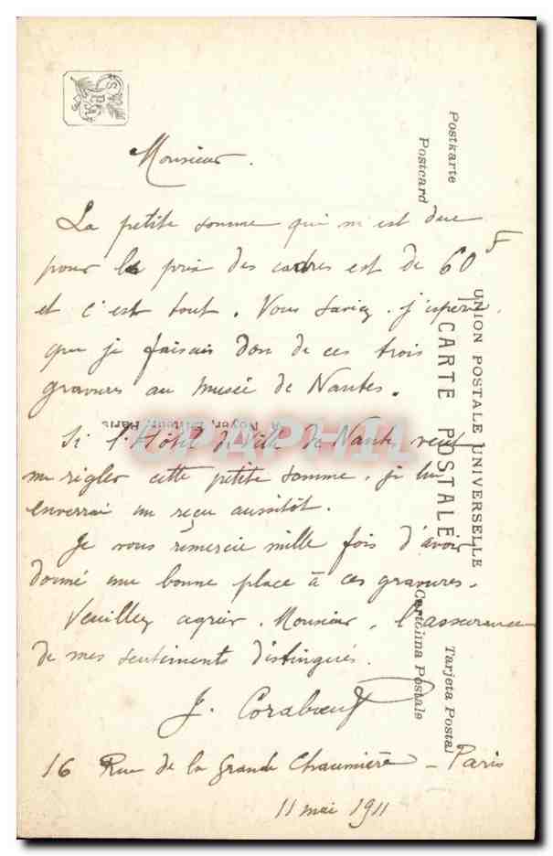 CPA Salon J Coraboeuf Mlle Genevieve de l opera comique — Verso