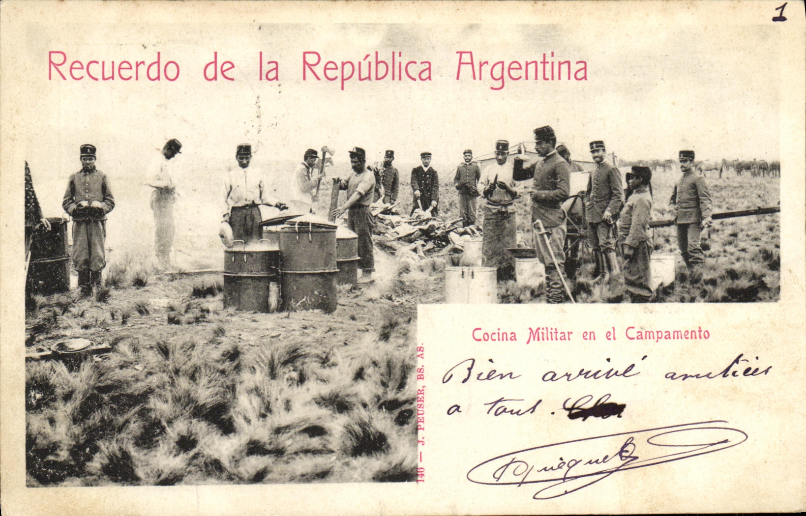 Cocina Militar en el Campamento — Recuerdo de la República Argentina — J. PEUSER, BS. AS. n° 140