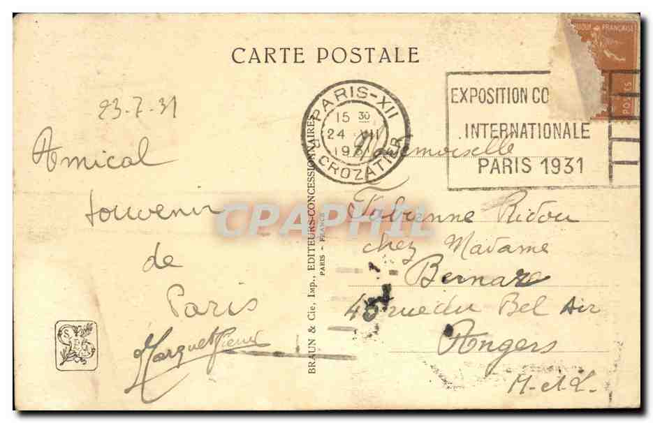 Palais de l'Afrique Équatoriale Française — Exposition Coloniale Internationale — Paris 1931 — Fichet, Aroh. n°249 — Rückseite