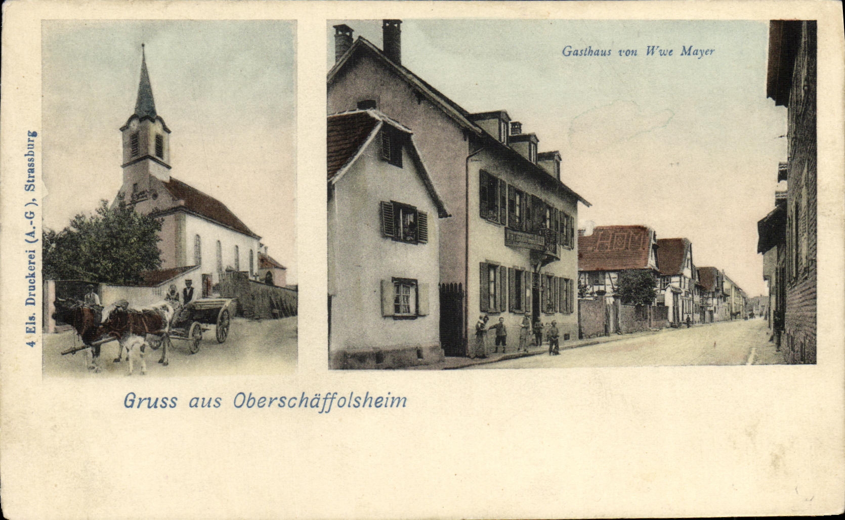 Oberschäffolsheim — vue de l'église et du Gasthaus von Wwe Mayer — Druckerei (A.-G.) Strassburg, n°4