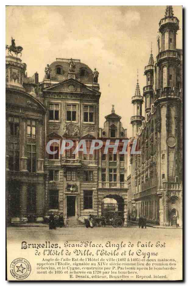Bruxelles, Grand-Place, Angle de l'Hôtel de Ville, l'Étoile et le Cygne — E. Desaix, éditeur, Bruxelles — Reprod. interd.