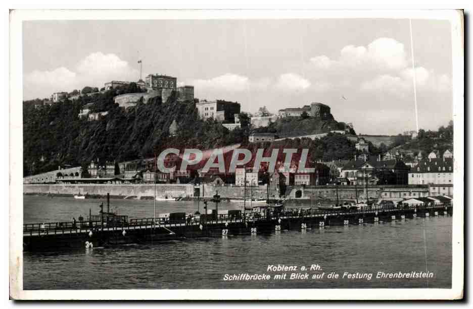 Koblenz a. Rh. — Schifffbrücke mit Blick auf die Festung Ehrenbreitstein — Verlag Rehöning & Co., Lübeck Nr. 5938