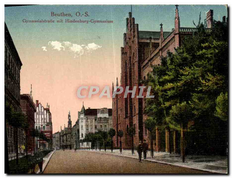 CPA Beuthen Gymnasialstrasse mit Hindenburg Gymnasium Pologne 