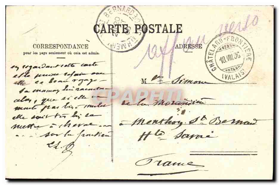 CPA Geneve La Frontiere Franco Suisse de Chatelard en Valais — Rückseite