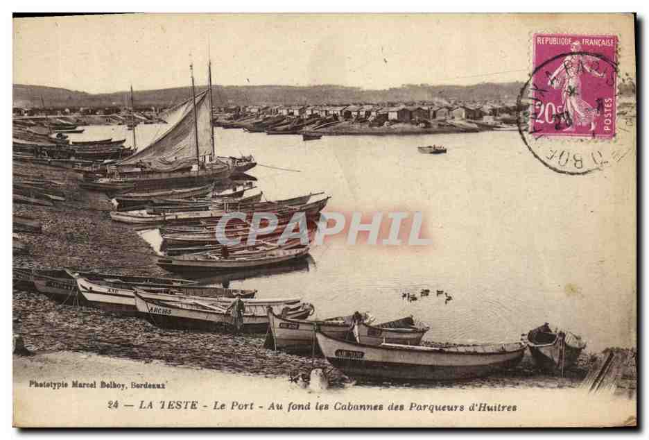 La Teste - Le Port - Au fond les Cabannes des Parqueurs d'Huitres — Phototypie Marcel Belboy, Bordeaux
