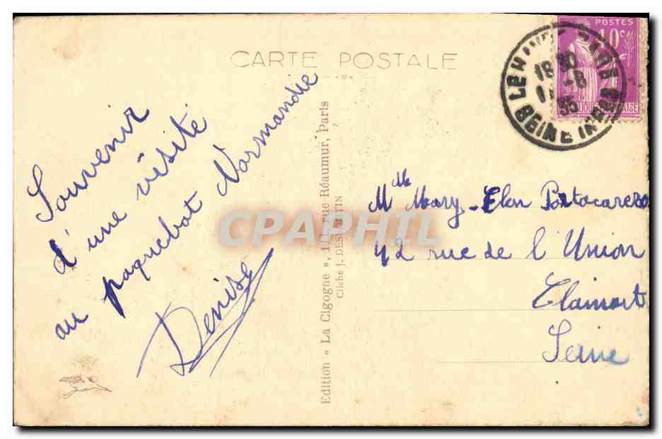 CPA Normandie Le Plus grand paquebat du Monde de la Cie Generale Transatlantique Lige Le Havre Southampton New York  — Back