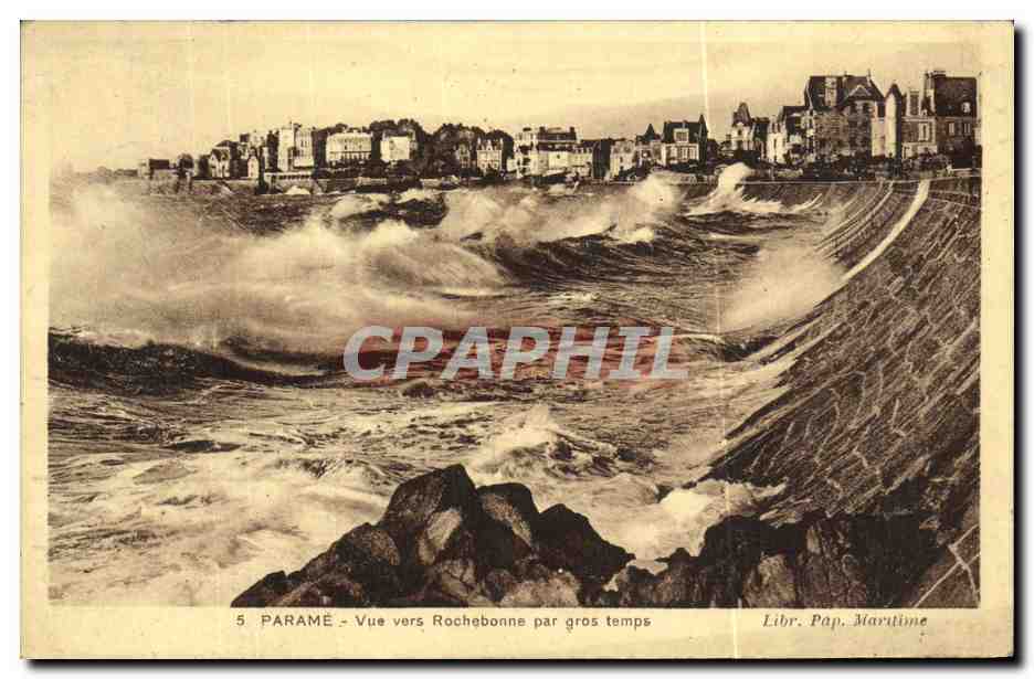 Paramé — Vue vers Rochebonne par gros temps — Libr. Pap. Maritime, n°5