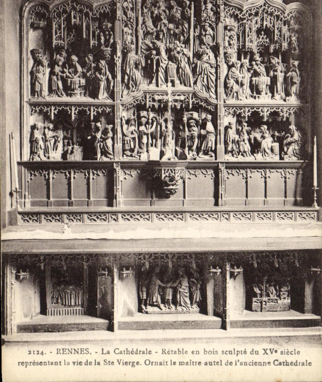 Rennes - La Cathédrale - Rétable en bois sculpté du XVᵉ siècle représentant la vie de la Vierge