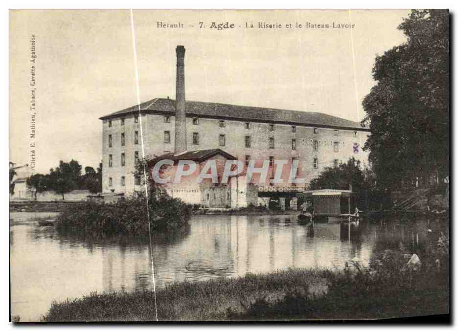 Agde - La Risserie et le Bateau-Layoir — Éditeur : Clédié E. Mathieu, Tabac, Grevette Agatinoise