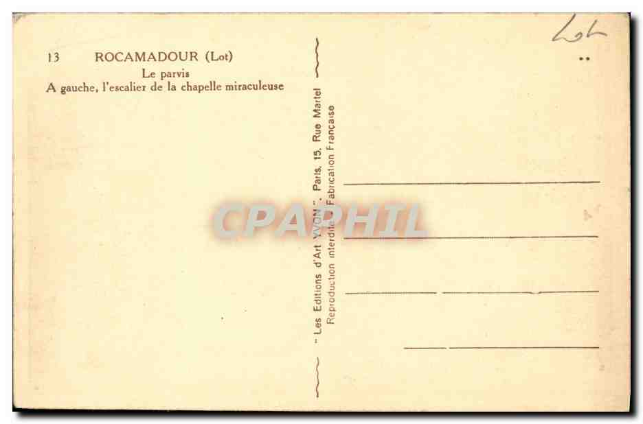 Rocamadour (Lot) — Le parvis et l'escalier de la chapelle miraculeuse — Les Éditions d'Art WOHN, Paris — Verso