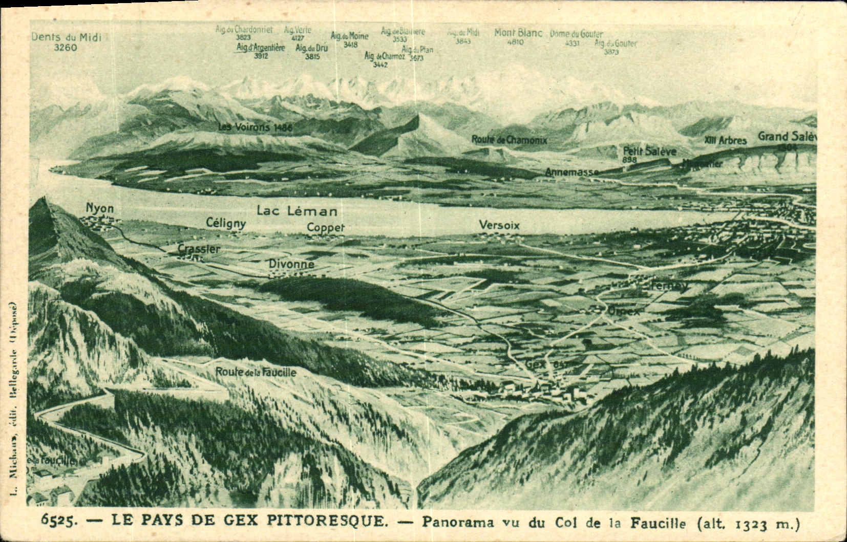 Le Pays de Gex pittoresque — Panorama vu du Col de la Faucille (alt. 1323 m.) — L. Michaux, édit. Bellegarde (Déposé)