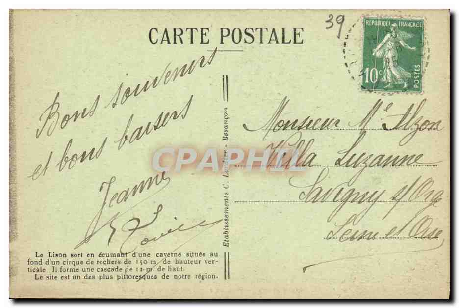 The Source of the Lison and the Electric Power Plant — Nans-sous-Sainte-Anne (Jura) — Picturesque Sites of Franche-Comté — n° 1201 — Back