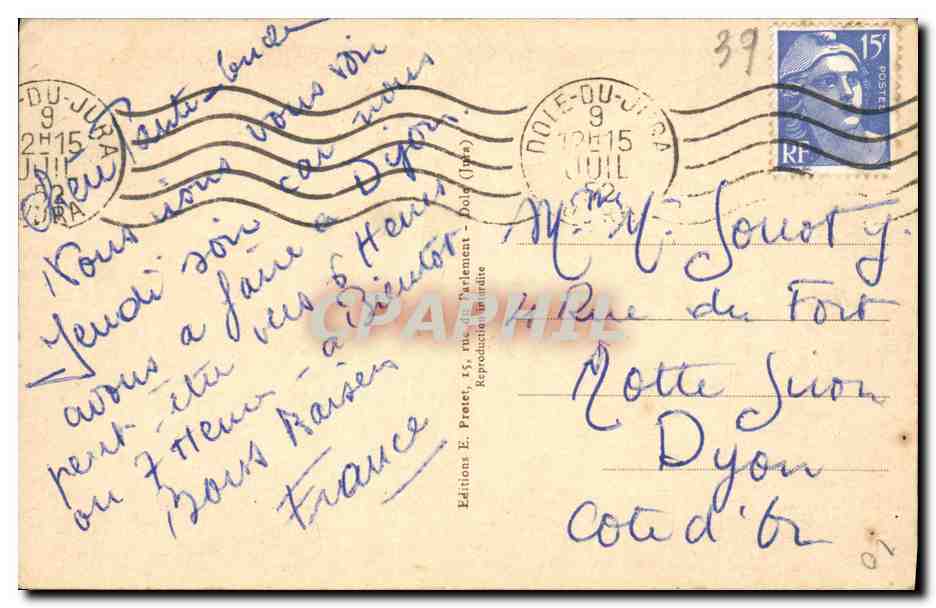 Dole (Jura) — Statue Pasteur — Éditions E. Pretet, n°113 — Rückseite