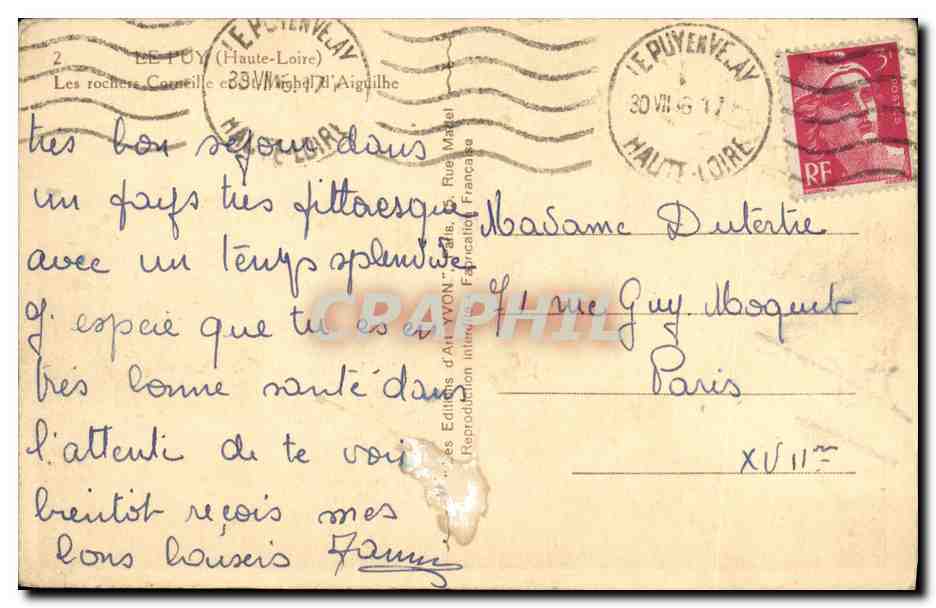 CPA Le Puy Les Rochers Corneille — Verso