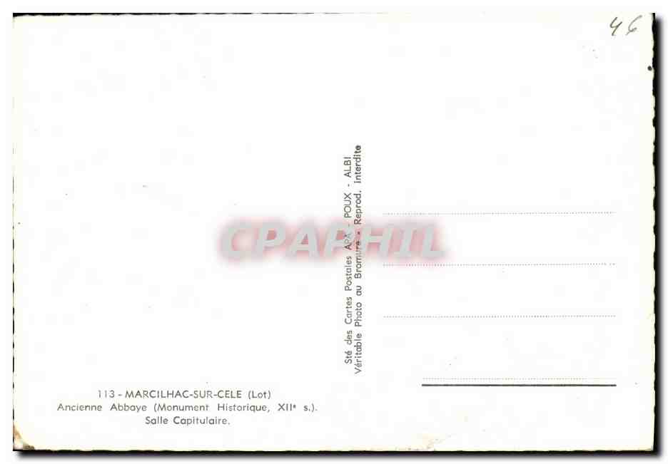 Ancienne Abbaye de Marcilhac-sur-Célé — Salle Capitulaire — Sté des Cartes Postales POUX, ALBI — Verso