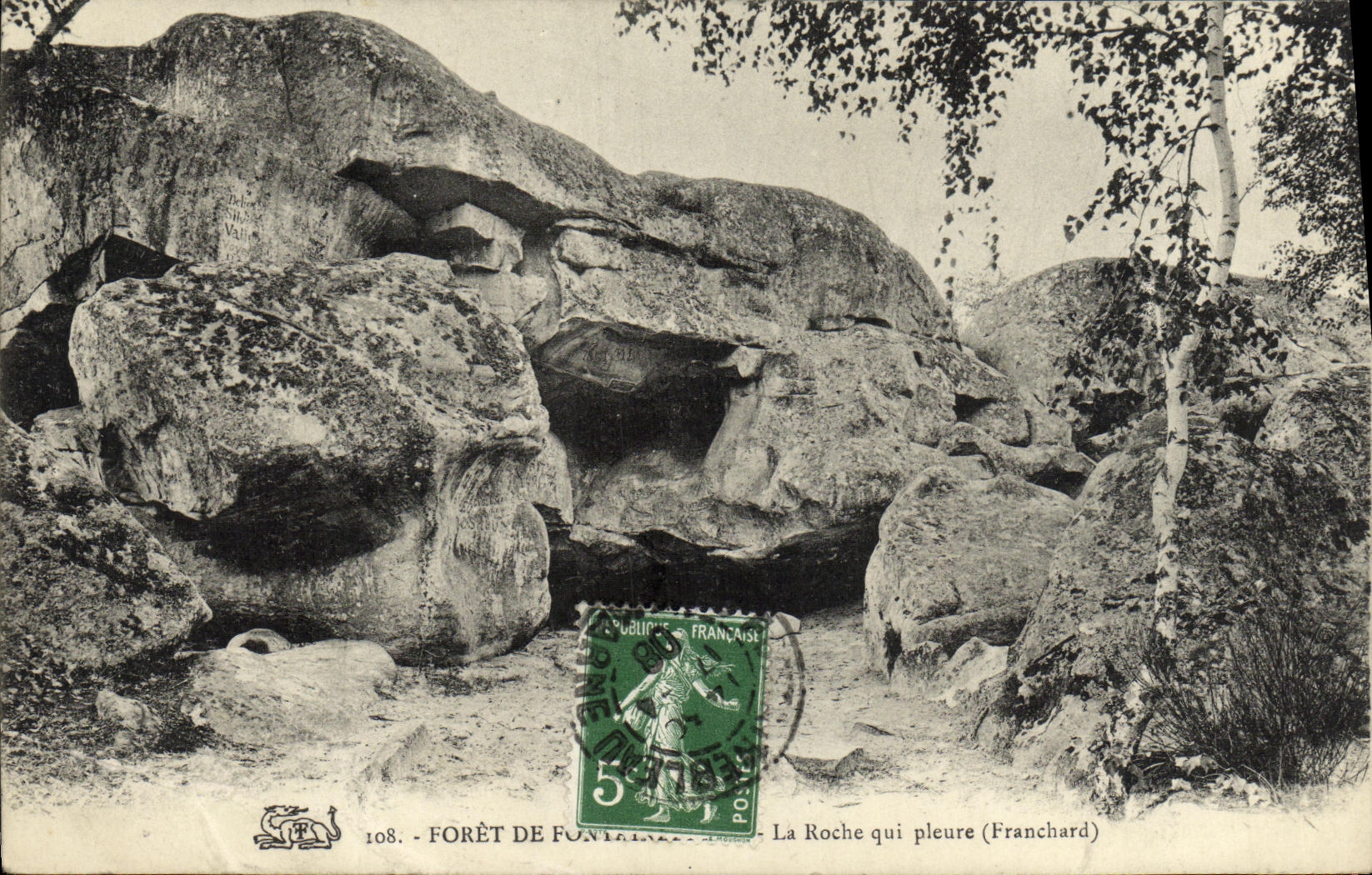Tarjeta postal antigua Bosque de Fontainebleau La roca que llora Franchard