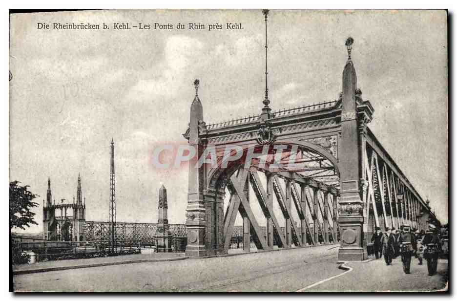 Les Ponts du Rhin près Kehl — Vue des ponts métalliques avec piétons et véhicules — éditeur non identifié, n° de série 671