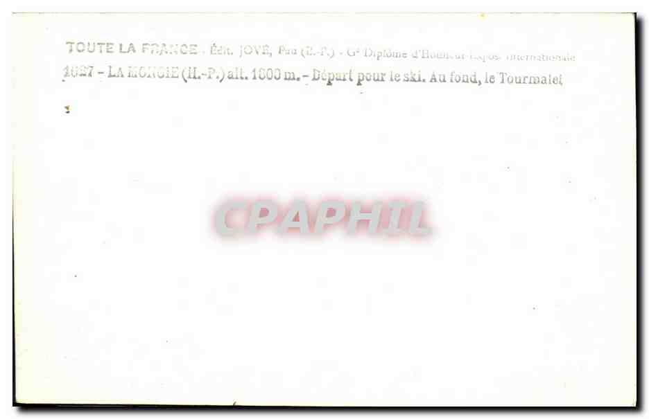 La Mongie (H.-P.) — Départ pour le ski, au fond le Tourmalet — Éditeur Jove, France — Verso