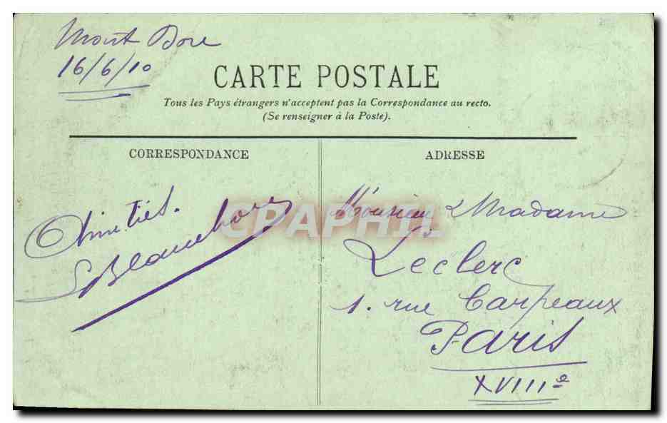 CPA Le Mont Dore La Dordogne en Ville — Rückseite