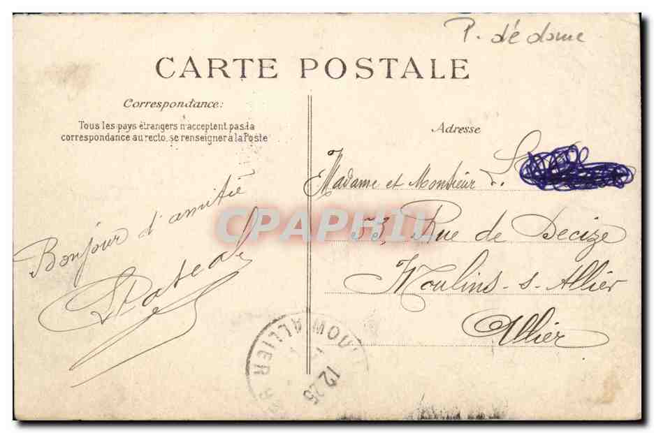 CPA Clermont Ferrand Renaux passant au dessus de Place Delille — Verso