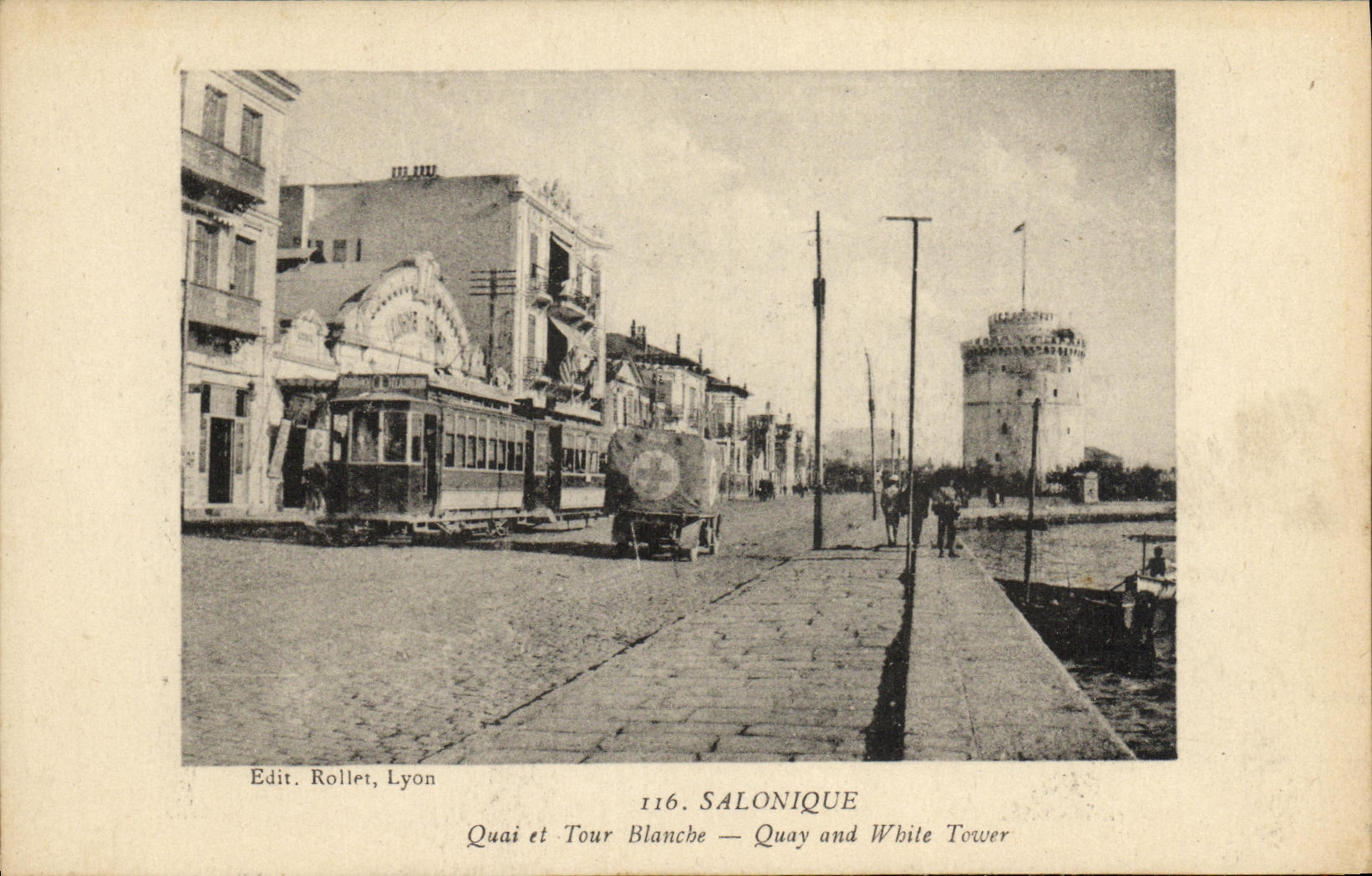 CPA Salonique Quai et Tour Blanche Tramway Croix Rouge Grece