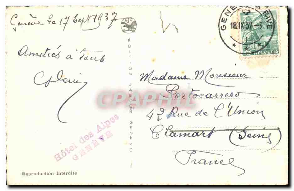 Genève vu de «Beau-Cèdre» — Cologny — Édition Jaeger — Back