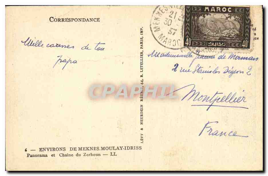 Environnements de Meknès — Chaîne du Zerhoun — Moulay-Idriss — Lévy & Neurdein, Paris — Rückseite