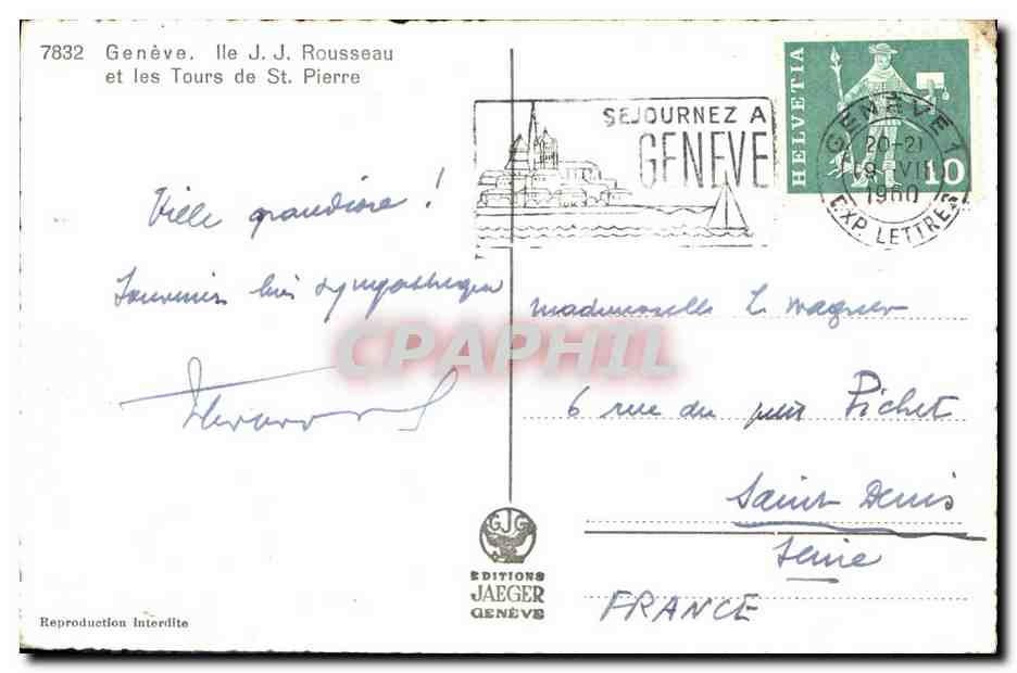 CPM Geneve lle J J Rousseau et les Tours de St Pierre — Rückseite