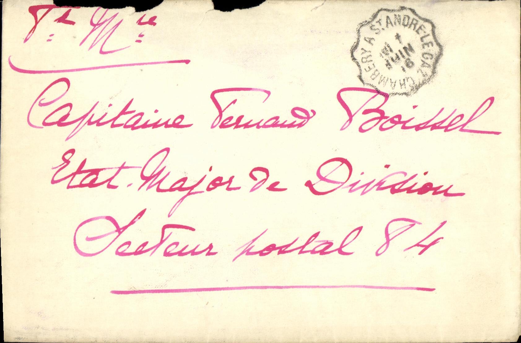 Lettre Chambery a St Andre Boissel 1918 