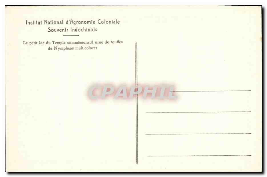 CPA Le Petit lac du Temple commemoratif orne de touffes de Nympheas nulticolores Institut national agornomie indochinois — Rückseite
