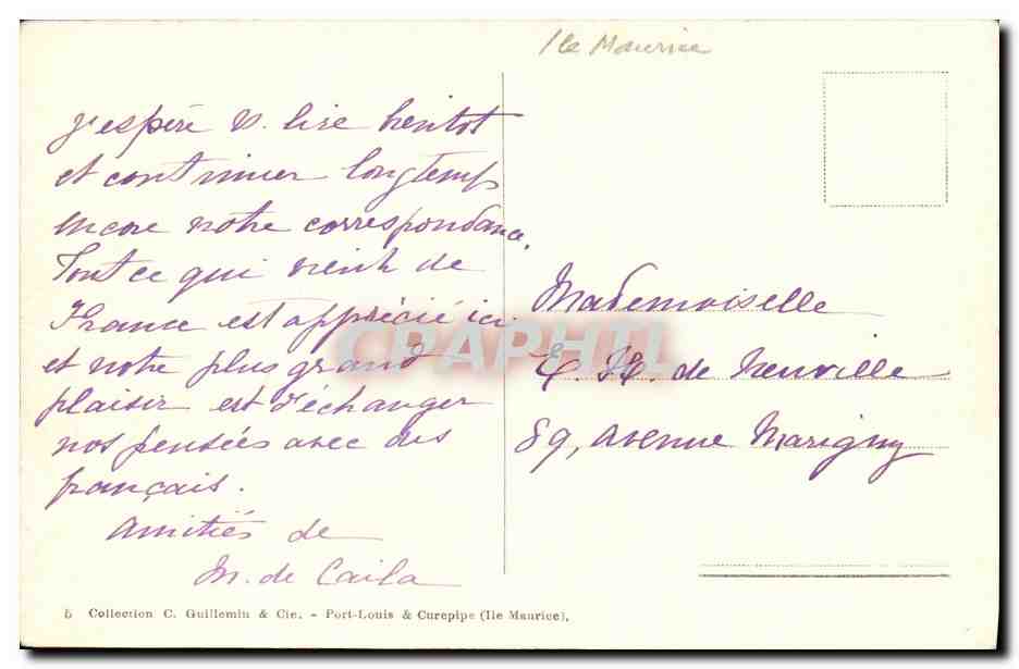 CPA Le Pleasure Ground Port Louis Ile Maurice — Rückseite