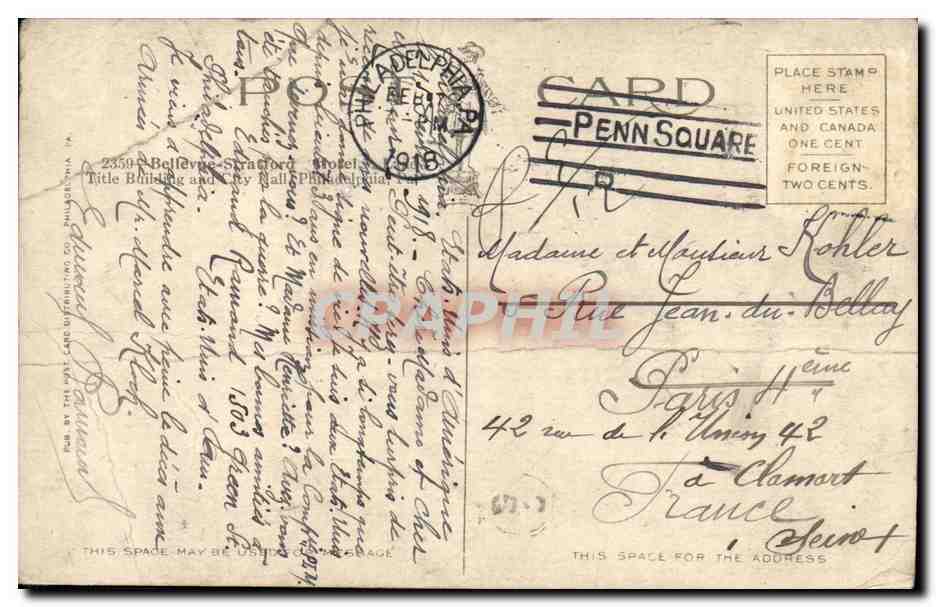 CPA Bellevue Stratford Hotel Land Title Bullding and City Hall Phila — Rückseite