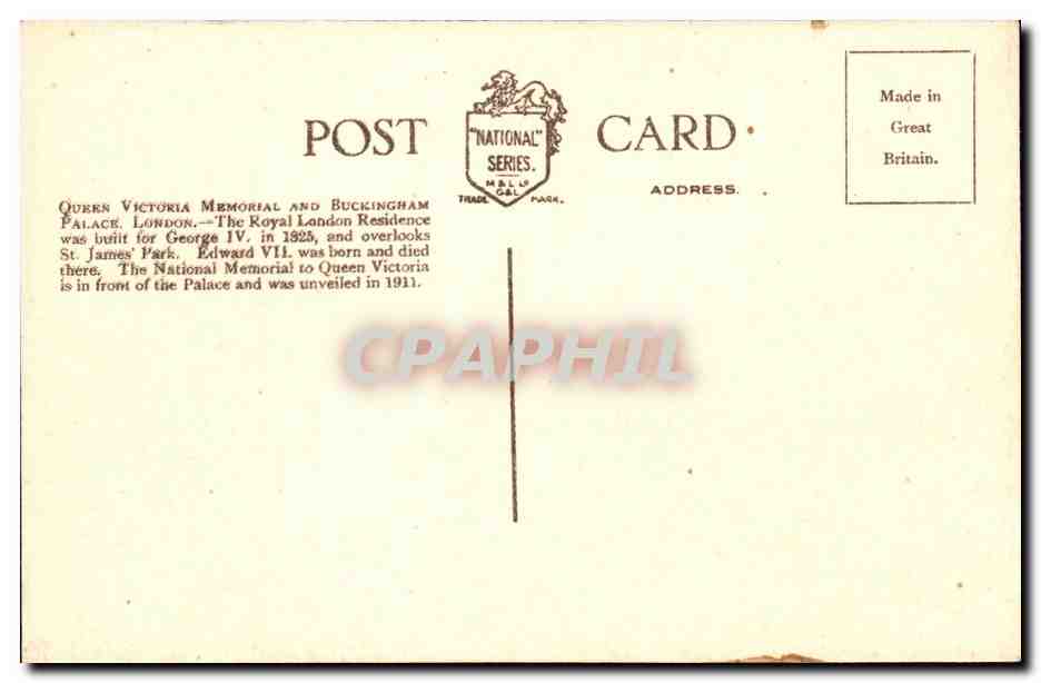 CPA Queen Victoria Memorial and Buckingham Palace London — Rückseite