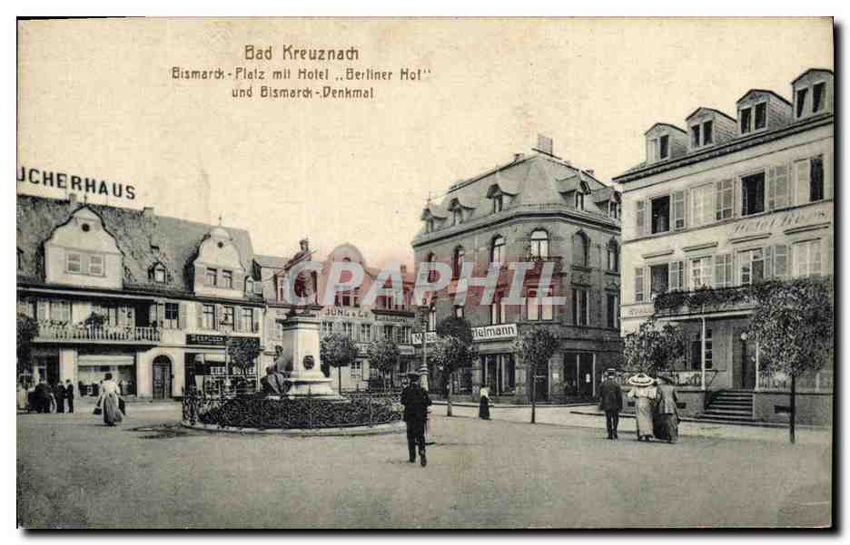 Bad Kreuznach — Bismarck-Platz mit Hotel „Berliner Hof“ und Bismarck-Denkmal — Graph. Verlagmann & Co. n. H. Breslau, Nr. 1064