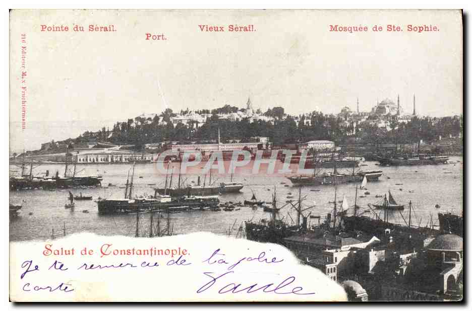 CPA Salut de Constantinople Vieux Serail Mosquee de Ste Sophie Bateaux 