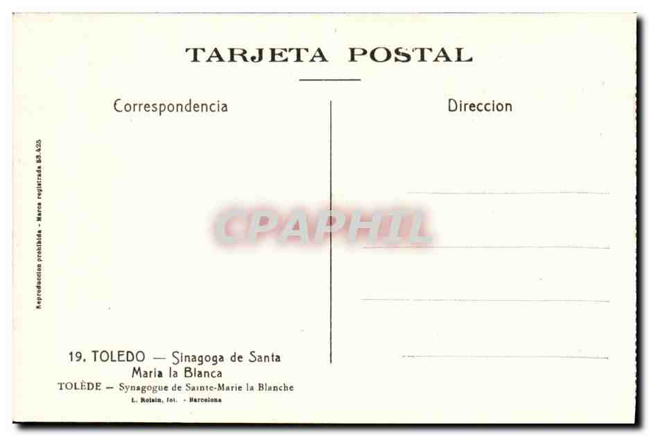 CPA Toledo Sinagoga de Santa Maira la Blanca — Rückseite