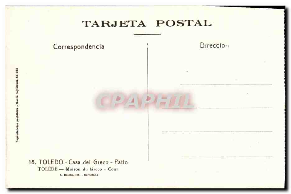 CPA Toledo Casa del Greco Patio — Rückseite