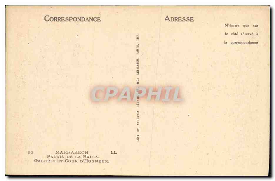 CPA Marrakech Palais de la Bahia Galerie et Cour d Honneur — Rückseite