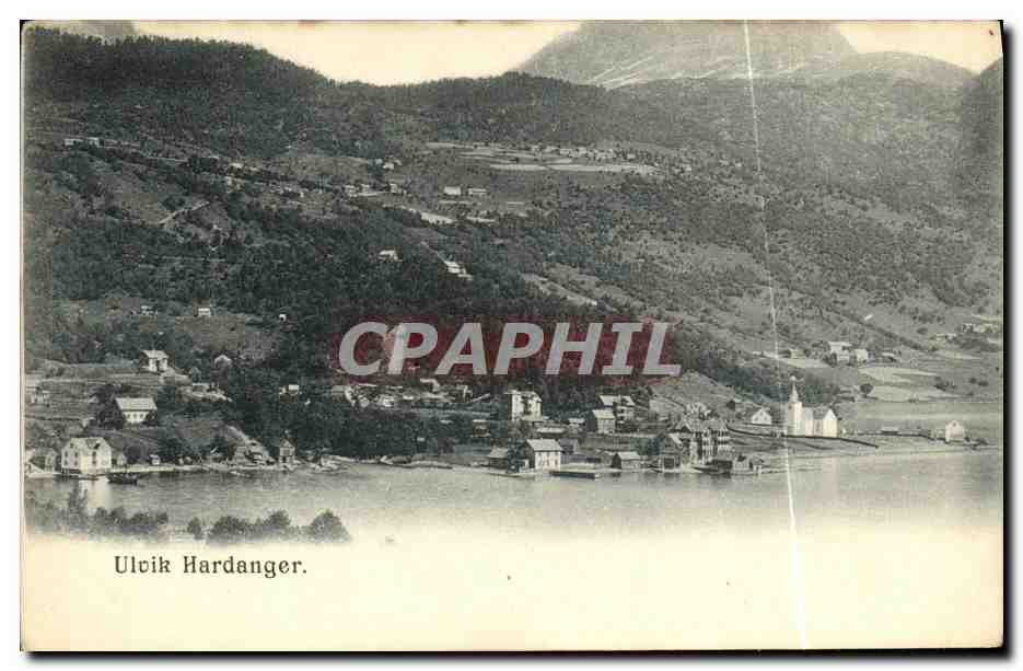 Ulcik Hardanger — vue panoramique du village au bord d'un lac — éditeur inconnu