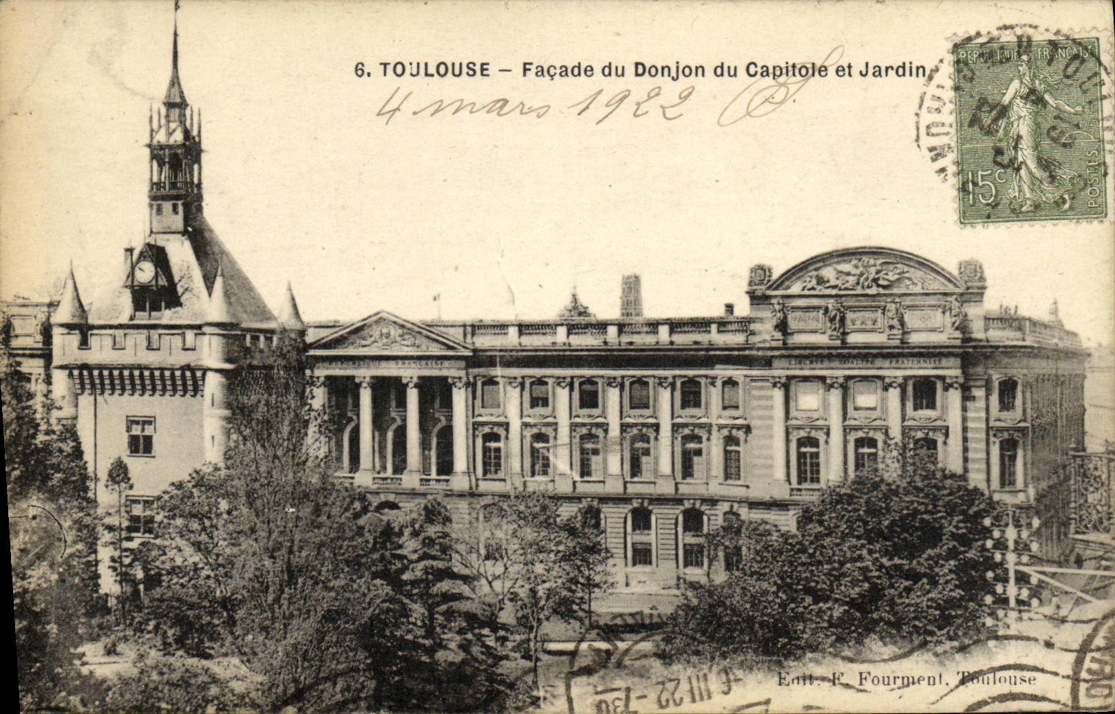 Toulouse — Façade du Donjon du Capitole et Jardin — Édit. F. Fourment, Toulouse