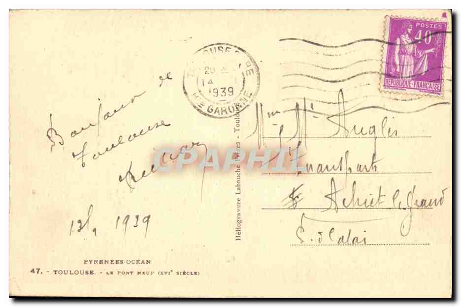 CPA Toulouse Le pont — Verso