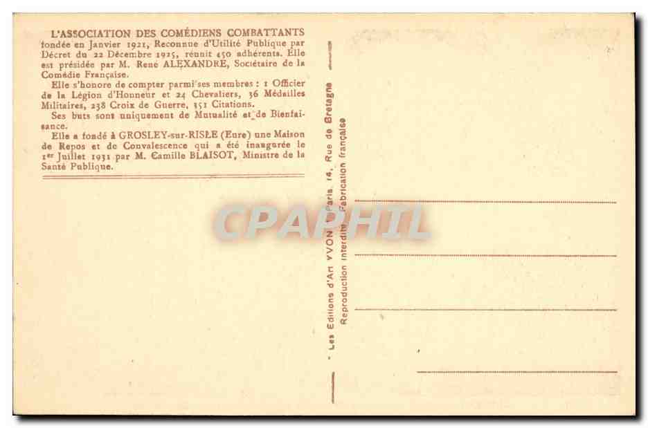 CPA Grosley sur Risle La Maison de Repos des Comediens Combattants — Rückseite